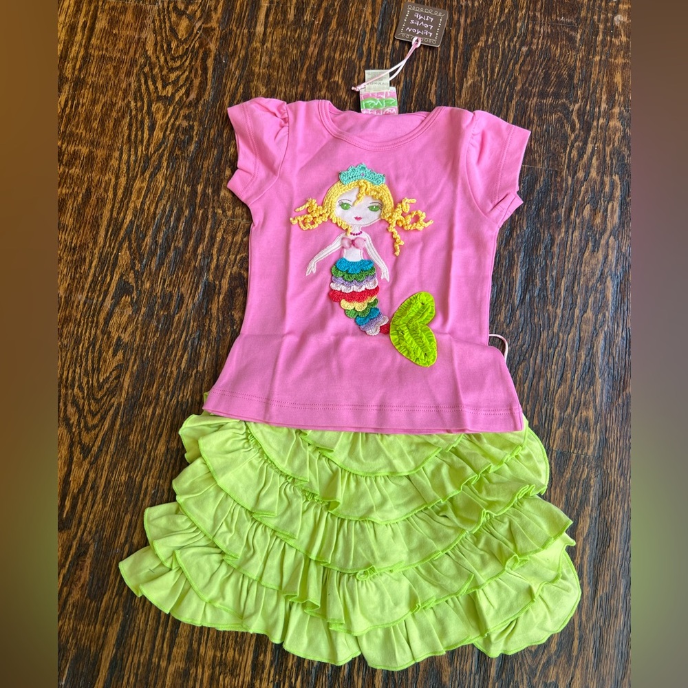 NWT Lemon Loves Lime Rainbow Mermaid Appliqué Tee and Ruffle Shorts Size 3